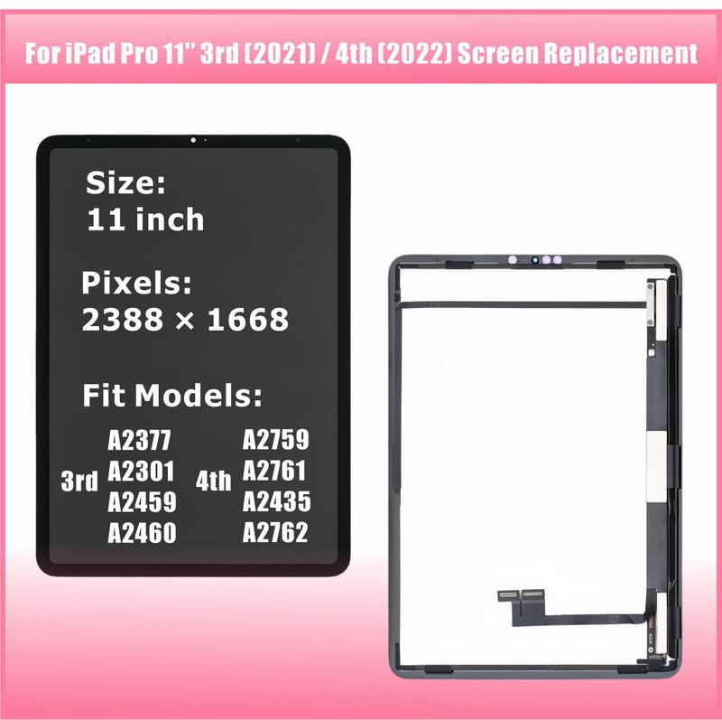 ZTR for iPad Pro 11 3rd Gen (2021) 4th Gen (2022) LCD Screen Replacement Assembly A2377 A2459 A2301 A2460/ A2435 A2759 A2761 A2762 LCD Display Touch Digitizer Premium Repair Kit with Tools - Image 2
