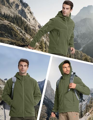 CRYSULLY Men's Tactical Front Zip Fleece Lining Hunting Mountaineering Jackets Windbreaker Coat Army Green - Image 5
