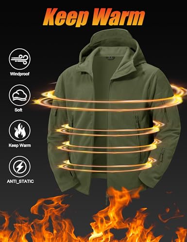 CRYSULLY Men's Tactical Front Zip Fleece Lining Hunting Mountaineering Jackets Windbreaker Coat Army Green - Image 2