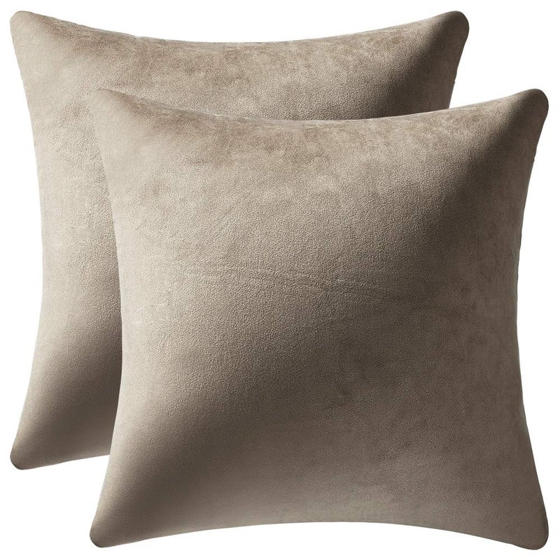 DEZENE Decorative Pillow Covers 18x18 Taupe 2 Pack Cozy Soft Velvet Square Throw Pillow Cases for Farmhouse Home Decor