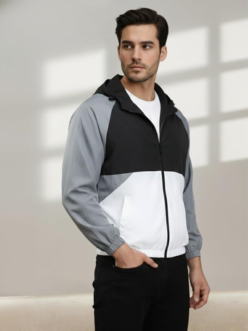 CHKOKKO Mens Stylish Oversized Windcheater Jacket with Zip Closure Lightweight Sportswear for Running Travel Hiking Outdoor and Rainy Season Wear BlackWhiteGREY XXL - Image 5