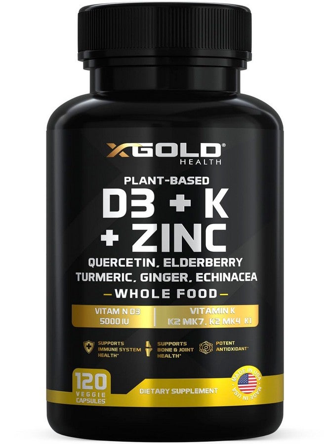 X Gold Health Vitamin D, K2, K1, Zinc, Quercetin, Elderberry, Turmeric, Ginger & Echinacea Whole Food Supplement 8 in 1- D3 5000 IU Plant-Based from Lichen, Vitamin K (K2 MK7, MK4, K1), D3 K2 Vitamins -120 Capsules - Image 1