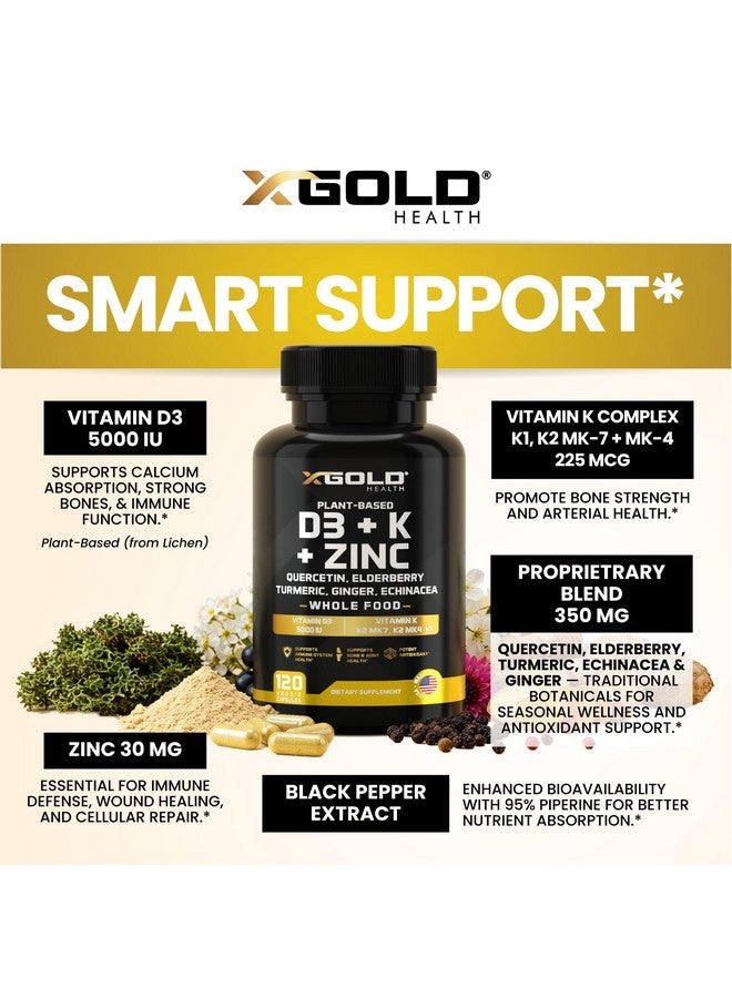 X Gold Health Vitamin D, K2, K1, Zinc, Quercetin, Elderberry, Turmeric, Ginger & Echinacea Whole Food Supplement 8 in 1- D3 5000 IU Plant-Based from Lichen, Vitamin K (K2 MK7, MK4, K1), D3 K2 Vitamins -120 Capsules - Image 3