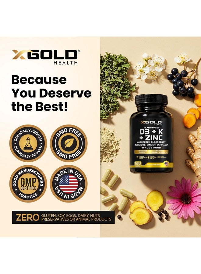 X Gold Health Vitamin D, K2, K1, Zinc, Quercetin, Elderberry, Turmeric, Ginger & Echinacea Whole Food Supplement 8 in 1- D3 5000 IU Plant-Based from Lichen, Vitamin K (K2 MK7, MK4, K1), D3 K2 Vitamins -120 Capsules - Image 5
