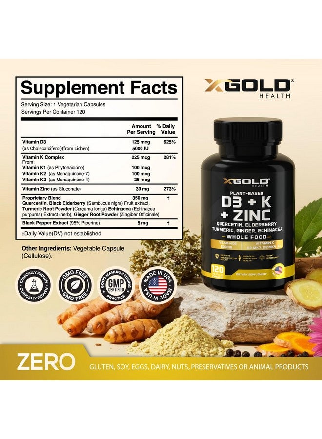 X Gold Health Vitamin D, K2, K1, Zinc, Quercetin, Elderberry, Turmeric, Ginger & Echinacea Whole Food Supplement 8 in 1- D3 5000 IU Plant-Based from Lichen, Vitamin K (K2 MK7, MK4, K1), D3 K2 Vitamins -120 Capsules - Image 2