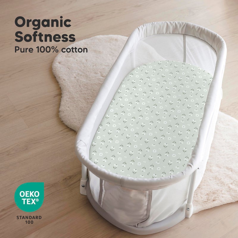 KeaBabies 2-Pack Organic Bassinet Sheets for Girls, Boys - 100% Cotton Bassinet Mattress Sheets Compatible with Halo Bassinest Swivel Sleeper, Graco, Baby Delight, Chicco, Fitted Bassinet Sheets (Daisies) - Image 2