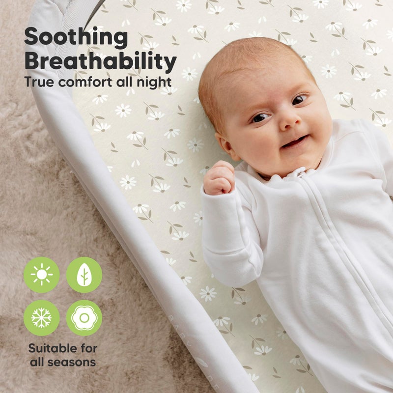 KeaBabies 2-Pack Organic Bassinet Sheets for Girls, Boys - 100% Cotton Bassinet Mattress Sheets Compatible with Halo Bassinest Swivel Sleeper, Graco, Baby Delight, Chicco, Fitted Bassinet Sheets (Daisies) - Image 4