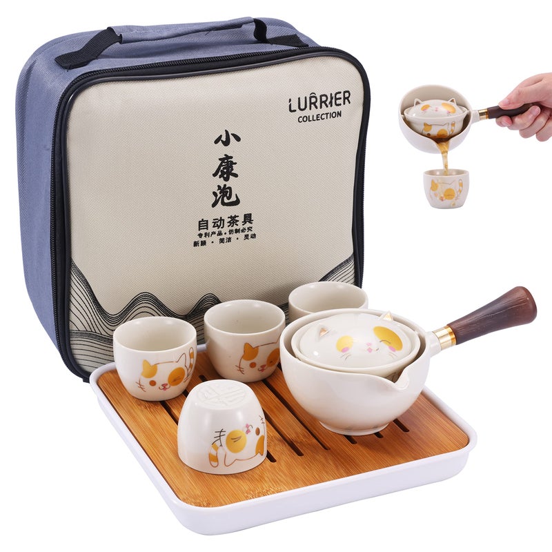 LURRIER Porcelain Chinese Gongfu Tea SetPortable Teapot Set with 360 Rotation Tea maker and InfuserPortable All in One Gift Bag for TravelHomeGiftingOutdoor and Office Kitty Cat