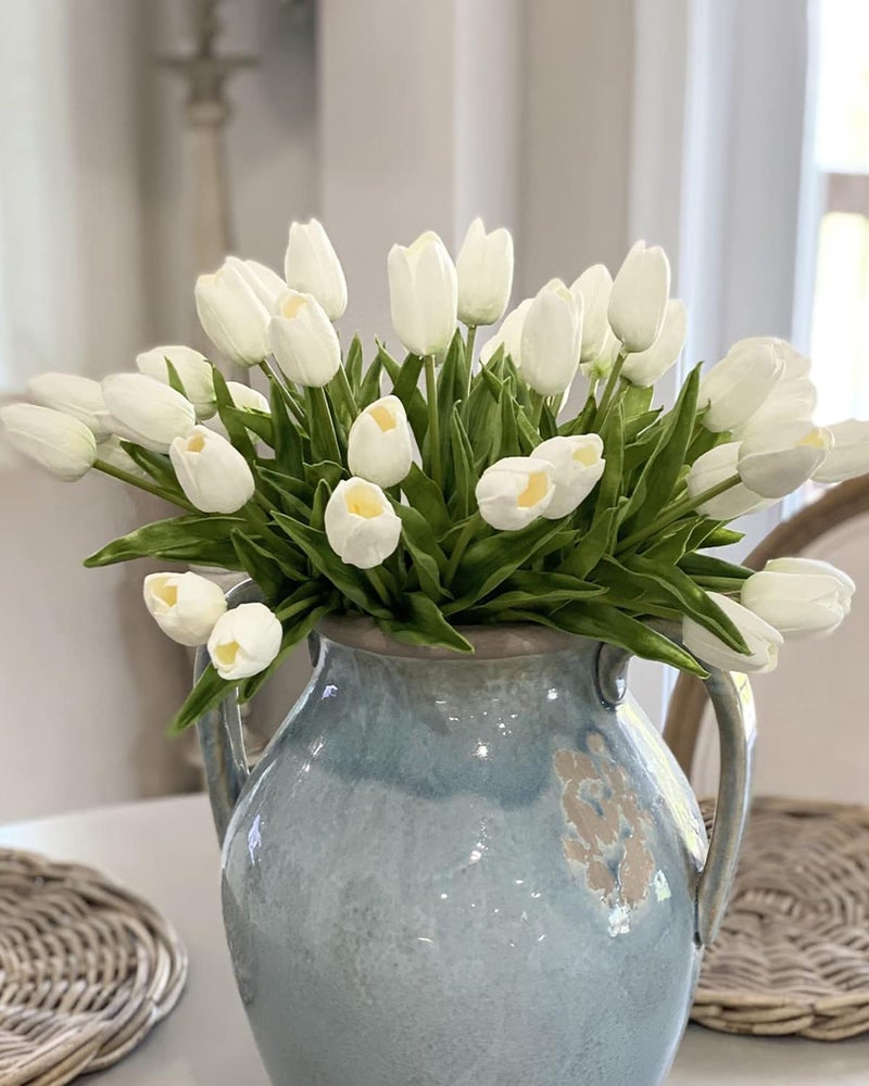 Beferr White Tulips Artificial Flowers 18Pcs Faux Silk Tulip Real Touch Tulip Fake Flowers Bouquets Arrangements for Mother's Day Easter Spring Flowers Gifts Home Table Decor - Image 1
