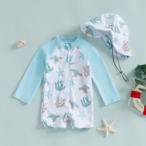 ZyHwShine Toddler Infant Baby Boy Swimsuit Newborn Rash Guard Baby Boys Girls One Piece Zipper Bathing Suit Swimwear with Hat (a-Ivory, 6-12 Months) - Image 3