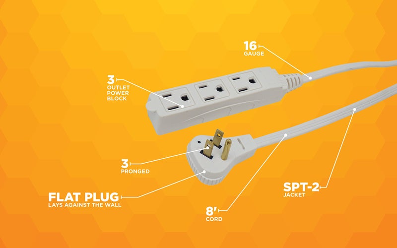 Woods SlimLine Indoor Flat Extension Cord, 8 Ft, 16 Gauge Right Angle Plug, 3 Polarized Outlets, 125 Volts, White, 2241 - Image 5