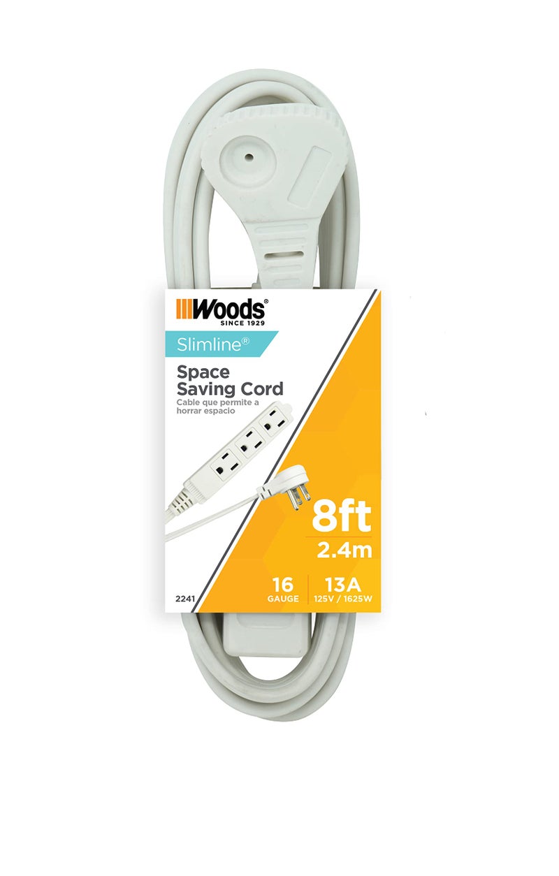 Woods SlimLine Indoor Flat Extension Cord, 8 Ft, 16 Gauge Right Angle Plug, 3 Polarized Outlets, 125 Volts, White, 2241 - Image 3
