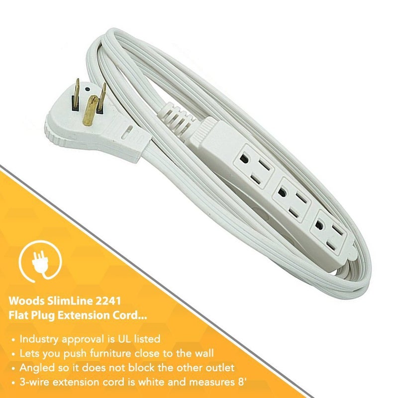 Woods SlimLine Indoor Flat Extension Cord, 8 Ft, 16 Gauge Right Angle Plug, 3 Polarized Outlets, 125 Volts, White, 2241 - Image 4