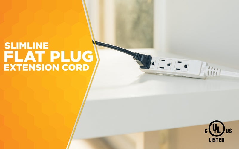 Woods SlimLine Indoor Flat Extension Cord, 8 Ft, 16 Gauge Right Angle Plug, 3 Polarized Outlets, 125 Volts, White, 2241 - Image 2