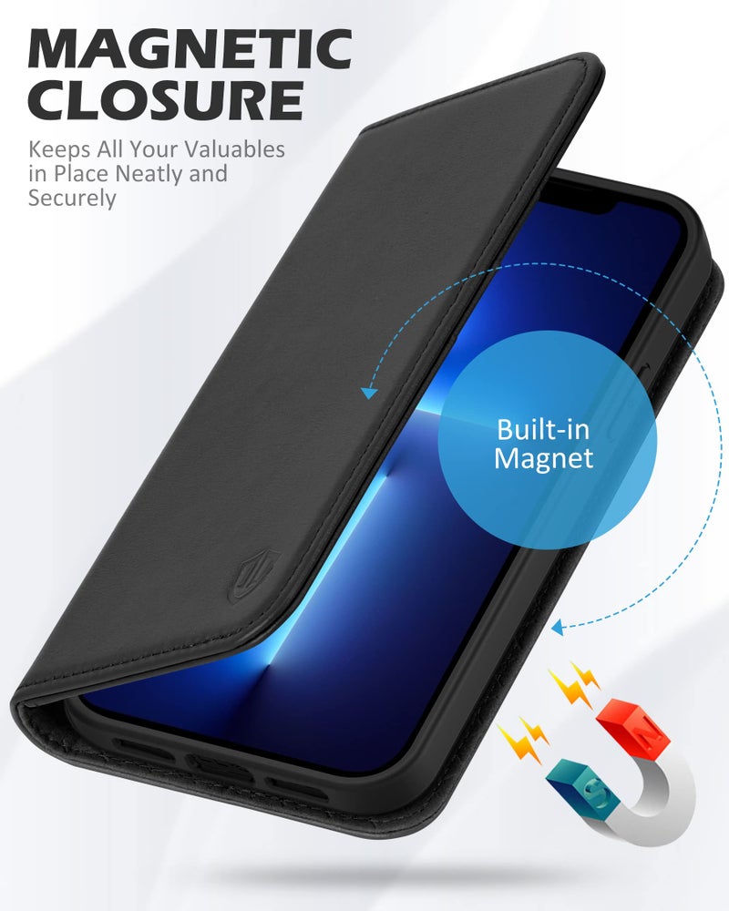 SHIELDON Case for iPhone 13 Pro Max 5G, Genuine Leather Wallet Case Magnetic Folio Shockproof Cover Kickstand RFID Credit Card Holder Compatible with iPhone 13 Pro Max (6.7" 2021 Release) - Black - Image 4