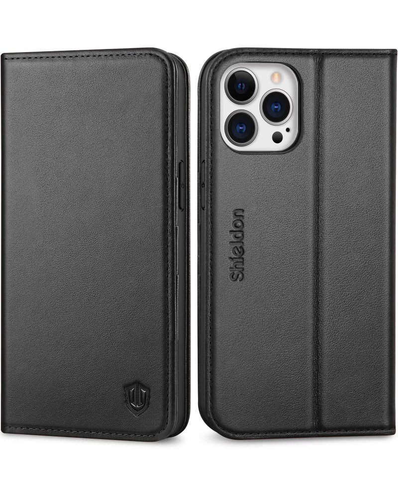 SHIELDON Case for iPhone 13 Pro Max 5G, Genuine Leather Wallet Case Magnetic Folio Shockproof Cover Kickstand RFID Credit Card Holder Compatible with iPhone 13 Pro Max (6.7" 2021 Release) - Black - Image 1