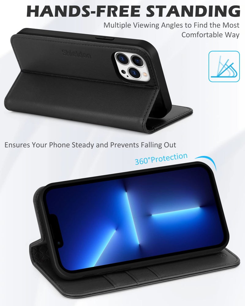 SHIELDON Case for iPhone 13 Pro Max 5G, Genuine Leather Wallet Case Magnetic Folio Shockproof Cover Kickstand RFID Credit Card Holder Compatible with iPhone 13 Pro Max (6.7" 2021 Release) - Black - Image 5