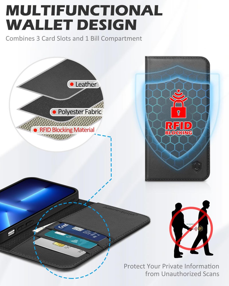 SHIELDON Case for iPhone 13 Pro Max 5G, Genuine Leather Wallet Case Magnetic Folio Shockproof Cover Kickstand RFID Credit Card Holder Compatible with iPhone 13 Pro Max (6.7" 2021 Release) - Black - Image 3