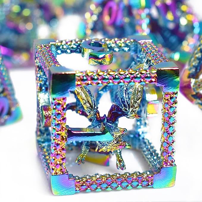 RULE DICE 7pcs Captive Magic Dragon Metal D D Dice Set Unique Design Fantastical Hollow Polyhedral DND Metal Dice Suitable for Role Playing Games Dungeons and Dragons DD Dice Set Rainbow - Image 1