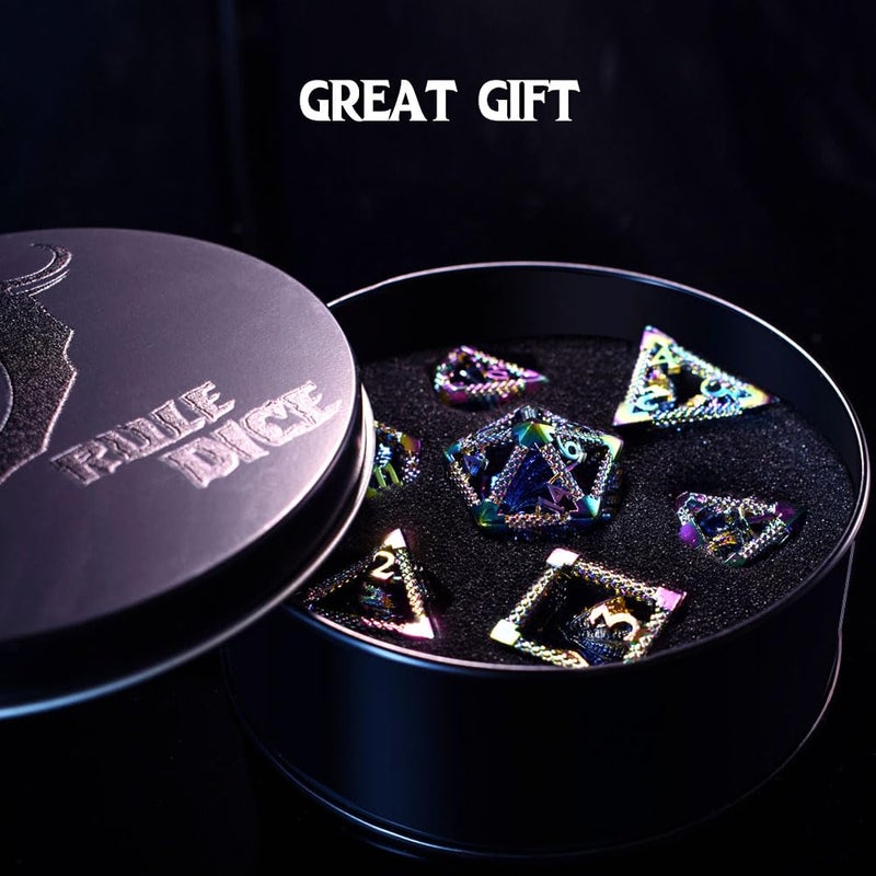 RULE DICE 7pcs Captive Magic Dragon Metal D D Dice Set Unique Design Fantastical Hollow Polyhedral DND Metal Dice Suitable for Role Playing Games Dungeons and Dragons DD Dice Set Rainbow - Image 5