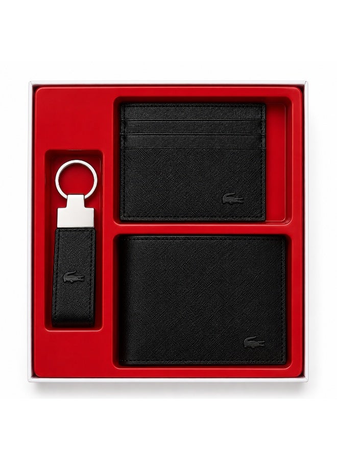 LACOSTE Men's Premium Leather Gift Set – Black Wallet, Card Holder & Keychain - Image 1