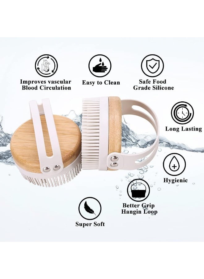 Meetion Bamboo Wood Silicone Shower Body Brush,SPA Massage Skin Care Tool Back Washer Cleansing Brush for Women Flawless Skin,Cellulite Treatment, Lymphatic Drainage (Off-white) - Image 3