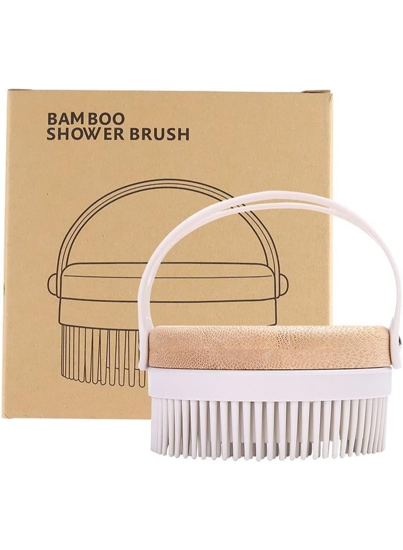 Meetion Bamboo Wood Silicone Shower Body Brush,SPA Massage Skin Care Tool Back Washer Cleansing Brush for Women Flawless Skin,Cellulite Treatment, Lymphatic Drainage (Off-white) - Image 1
