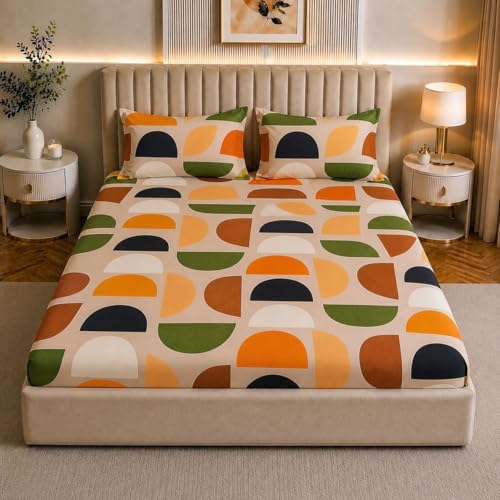 Castiqa Elastic Fitted Supersoft Premium Brushed Cotton 200TC Double Bedsheets King Size 78x72 Inch with 2 Pillow Covers (Fits Upto Mattress of 10 Inches) (Orange) - Image 1