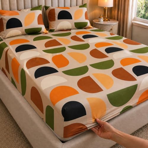 Castiqa Elastic Fitted Supersoft Premium Brushed Cotton 200TC Double Bedsheets King Size 78x72 Inch with 2 Pillow Covers (Fits Upto Mattress of 10 Inches) (Orange) - Image 3
