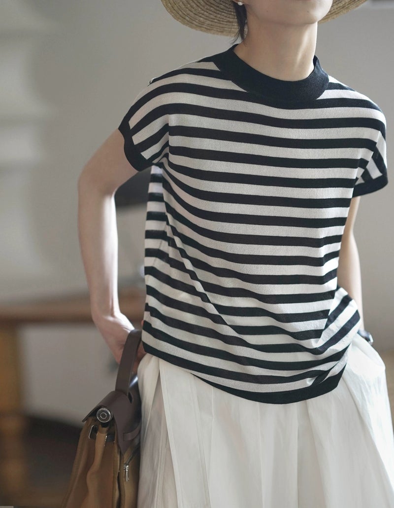 Summer French Style Sea Soul Striped Shoulder T-Shirt Knitted Short Sleeve Women'S Unique Design Loose Top Pullover Ice Silk Thin - Image 1