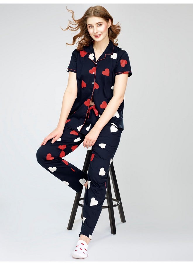 ZEYO - ZEYO Night Suit for Women's Navy Blue Heart Printed Cotton Night Dress of Shirt and Pajama Set 5750 - Image 1