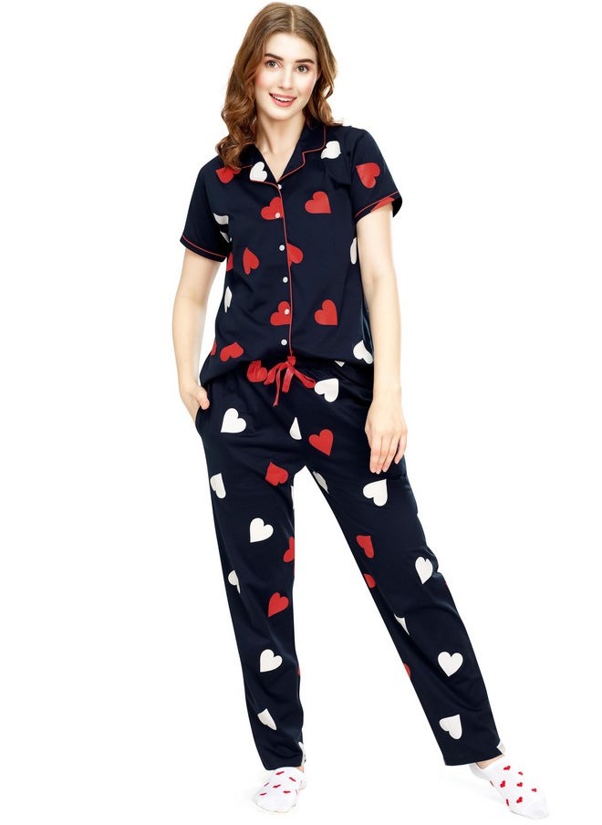ZEYO - ZEYO Night Suit for Women's Navy Blue Heart Printed Cotton Night Dress of Shirt and Pajama Set 5750 - Image 1