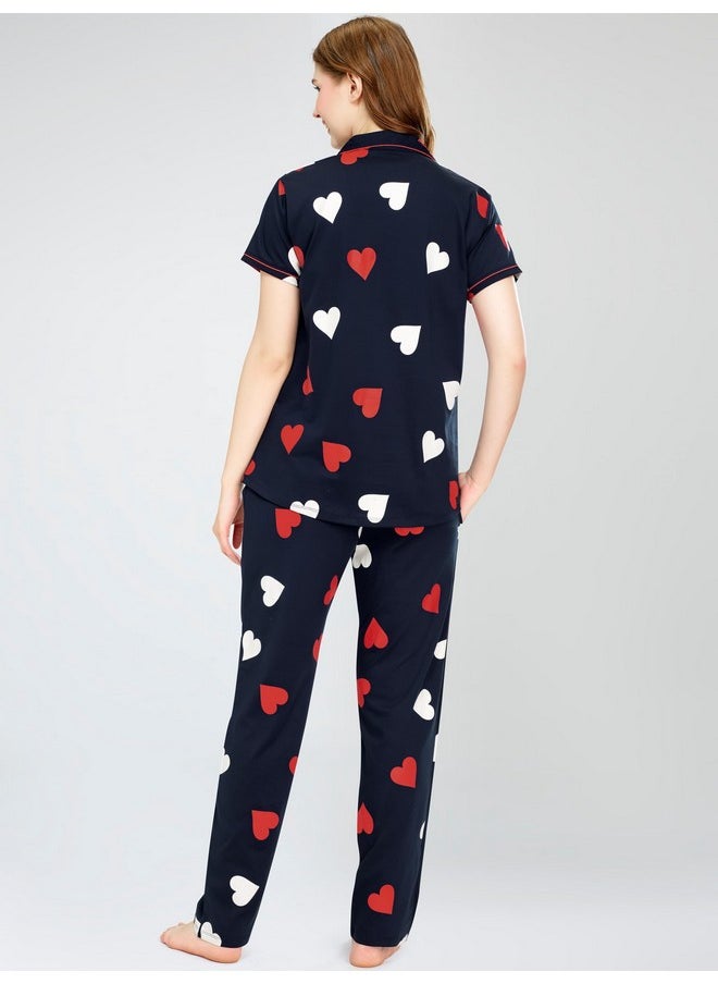 ZEYO - ZEYO Night Suit for Women's Navy Blue Heart Printed Cotton Night Dress of Shirt and Pajama Set 5750 - Image 1