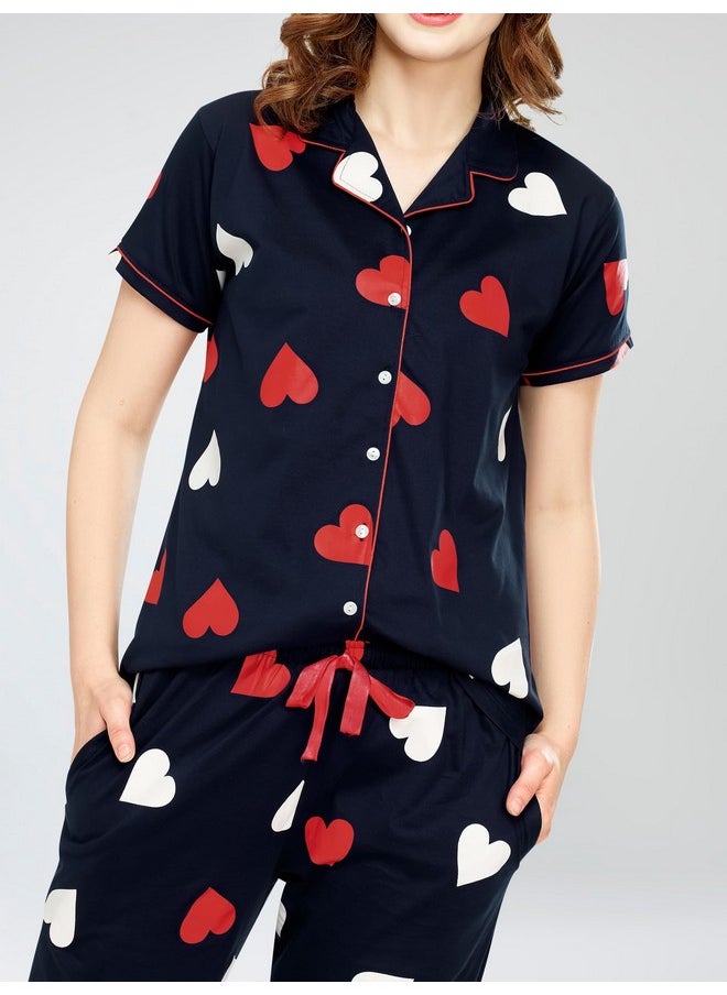 ZEYO - ZEYO Night Suit for Women's Navy Blue Heart Printed Cotton Night Dress of Shirt and Pajama Set 5750 - Image 1