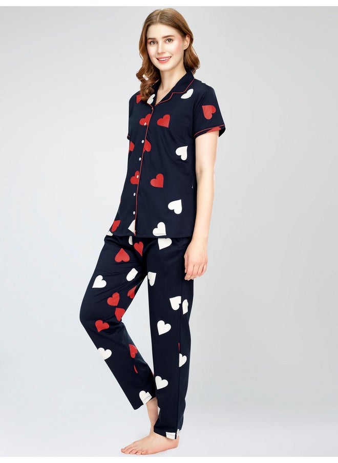 ZEYO - ZEYO Night Suit for Women's Navy Blue Heart Printed Cotton Night Dress of Shirt and Pajama Set 5750 - Image 1