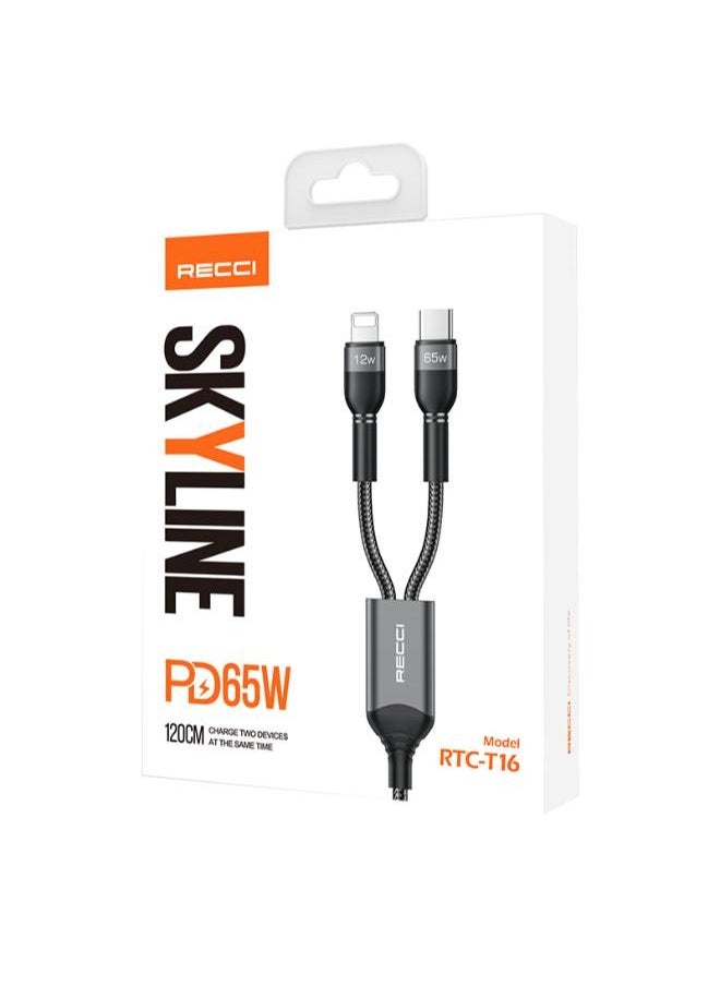 ريتشي - كابل Recci RTC-T16 2 في 1 للشحن السريع بتقنية PD، بقوة 65 واط، من Lightning إلى Type-C، بطول 1.2 متر - Image 1