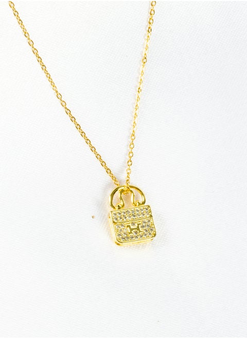 Stainless Steel Necklace Gold with a Zirconic Bag Pendant