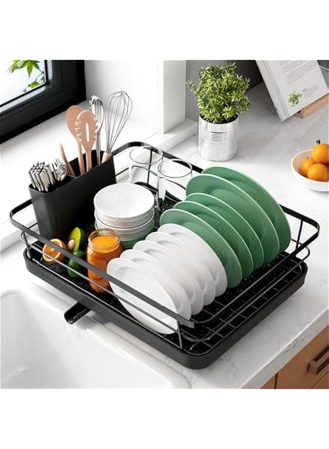 Kitsure Dish Drying Rack- Space-Saving Dish Rack, Dish Racks for Kitchen Counter, Stainless Steel Kitchen Drying Rack with a Cutlery Holder, 12''W x 15''L, Black - Image 1