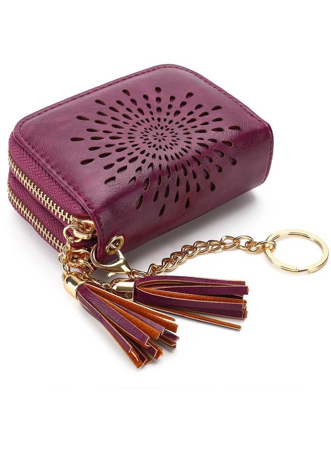 APHISON RFID Credit Card Holder Double Zipper Card Case Small Wallets for Women Leather Multifunctional Holders Sunflower style Ladies Girls/Gift Box 1942-2 PURPLISH-RED - Image 1