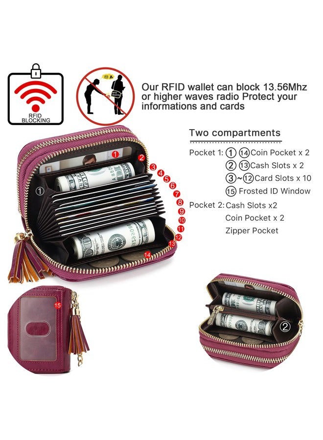 APHISON RFID Credit Card Holder Double Zipper Card Case Small Wallets for Women Leather Multifunctional Holders Sunflower style Ladies Girls/Gift Box 1942-2 PURPLISH-RED - Image 3