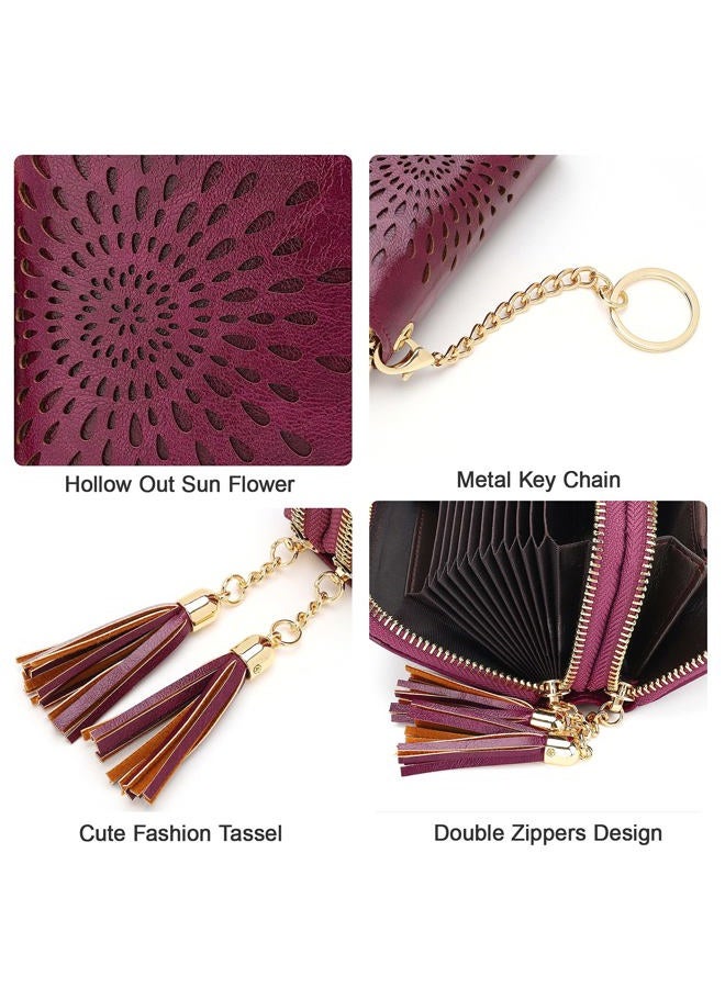 APHISON RFID Credit Card Holder Double Zipper Card Case Small Wallets for Women Leather Multifunctional Holders Sunflower style Ladies Girls/Gift Box 1942-2 PURPLISH-RED - Image 4