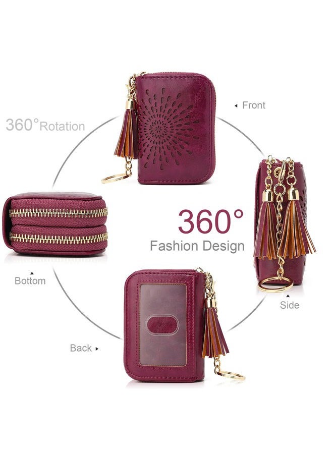 APHISON RFID Credit Card Holder Double Zipper Card Case Small Wallets for Women Leather Multifunctional Holders Sunflower style Ladies Girls/Gift Box 1942-2 PURPLISH-RED - Image 2
