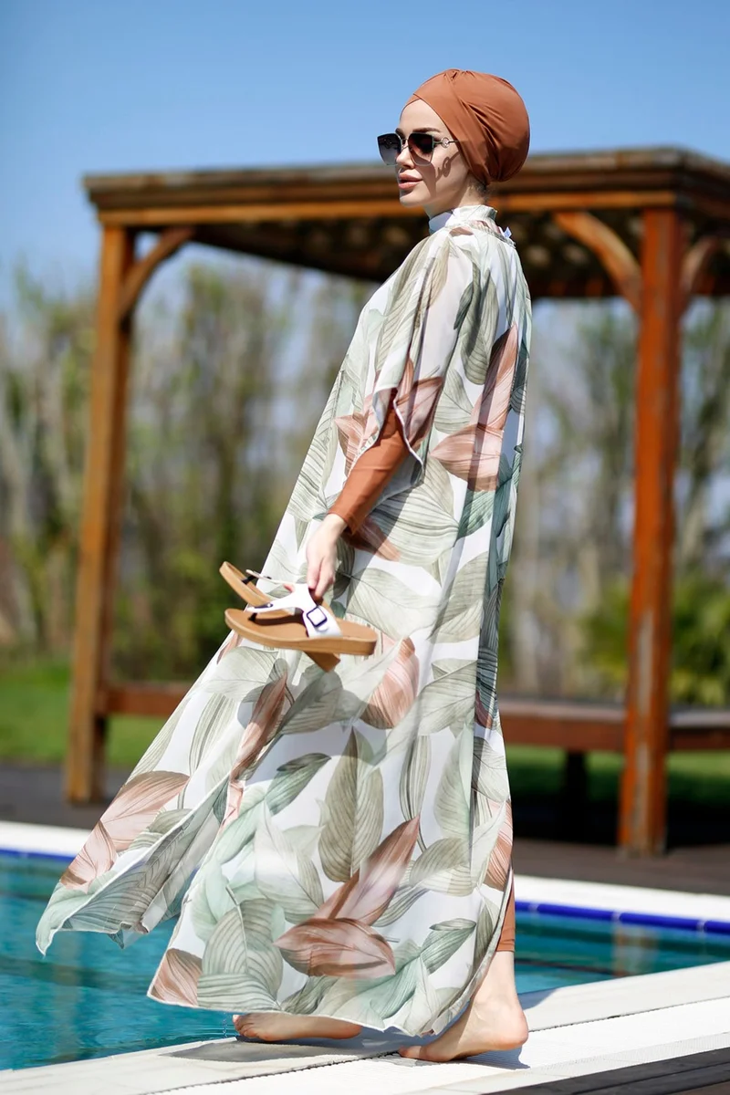 Remsa Mayo Modest Swimsuit Patterned Kaftan Pareo Soft Leaves 430-551