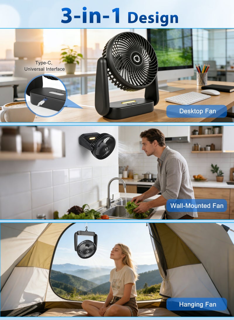 Necomi 3-in-1 Desktop Fan, Desk Fan with Night Light, Hanging & Wall-Mountable, Quiet USB Rechargeable Fan, 3 Speed Adjustable for Bedroom Home Office Dorm - Image 5
