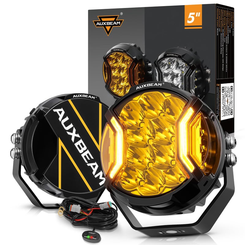 أضواء ضباب جانبية من سلسلة Auxbeam VUltra 5 172W للطرق الوعرة مع وظيفة DRL باللون الكهرماني 3 أوضاع نطاق أوسع 270 درجة 20400LM مصابيح LED دائرية مع أغطية واقية زوج