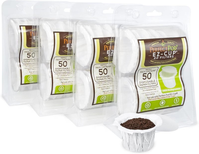 Perfect Pod EZ-Cup Disposable Paper Filters with Patented Lid Design for Reusable Coffee Pods - 4 Pack (200 Filters) - Image 1