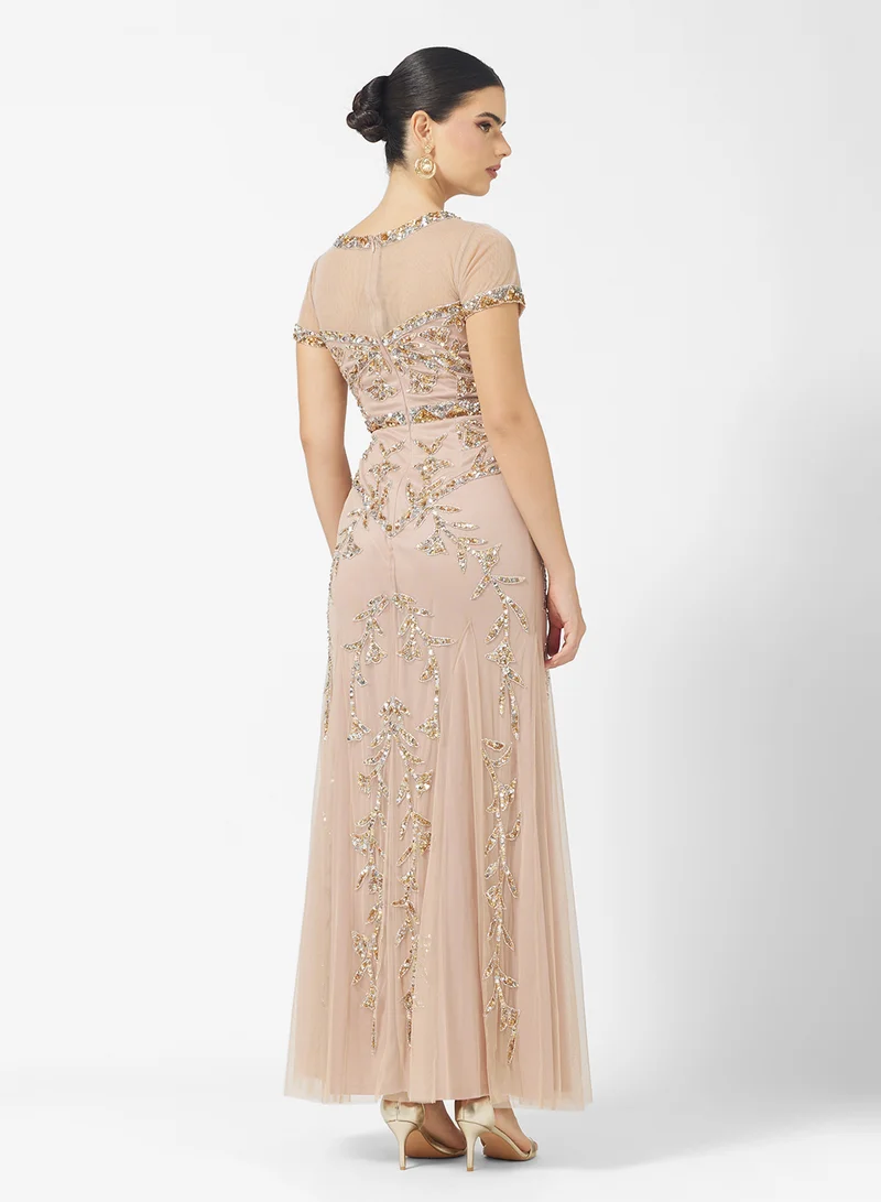 Amelia Rose Crew Neck Side Slit Embellished Maxi Dress