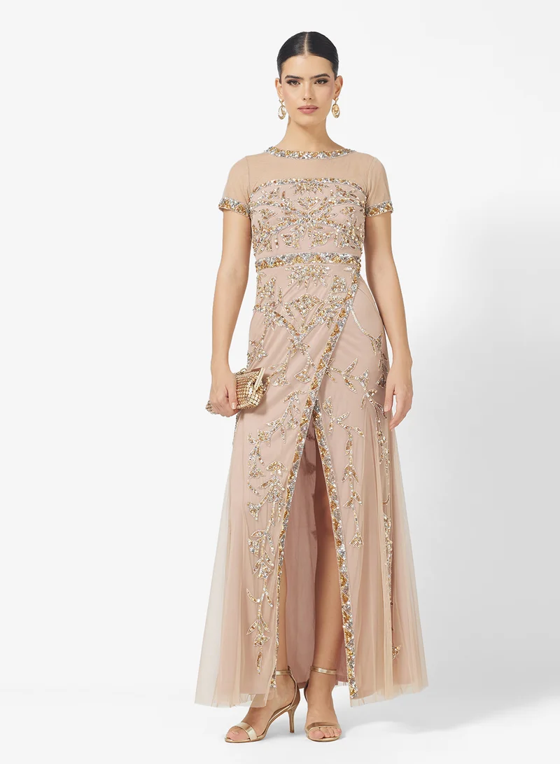 Amelia Rose Crew Neck Side Slit Embellished Maxi Dress