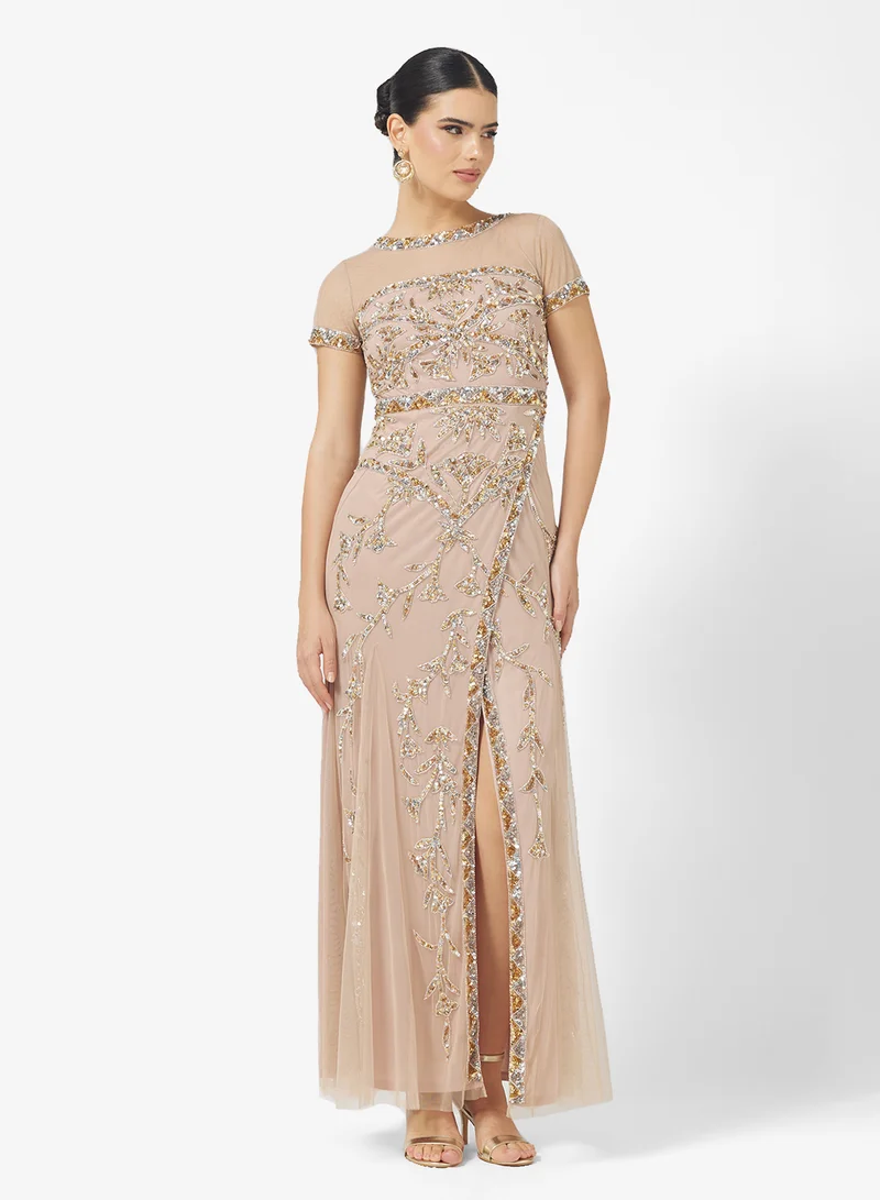 اميليا روز Crew Neck Side Slit Embellished Maxi Dress