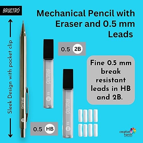 BRUSTRO Mechanical Pencil Set | HB-20 leads, 2B-20 leads, Spare eraser- 8 units|Tip size- 0.5 mm |Ideal for Students,Adults, Home,School,Office,Stationery Use |Writing, Sketching, Drawing, Mandala Art - Image 2